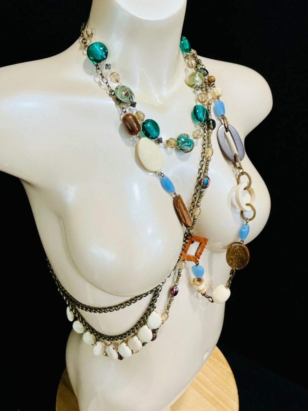 Multi-Strand Beaded Glass Wood Statement Necklace’s Multi Colored Southwestern - Picture 14 of 16
